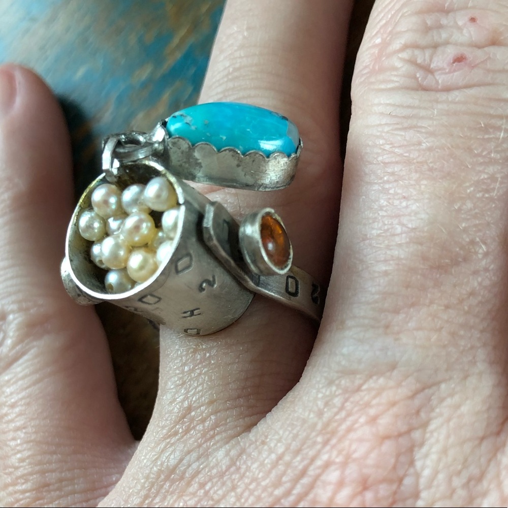 Pearl, turquoise, and amber ring